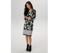 Jerseykleid ANISTON SELECTED, Damen, Gr. 38, N-Gr, schwarz-weiß (schwarz, wollweiß), Jersey, Obermaterial: 85% Viskose, 10% Polyester, 5% Elasthan, geblümt, gemustert, figurumspielend knieumspielend,