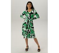 Jerseykleid ANISTON SELECTED, Damen, Gr. 44, N-Gr, grün (hellgrün, dunkelgrün, schwarz, weiß), Single Jersey, Obermaterial: 95% Viskose, 5% Elasthan, bedruckt, geblümt, figurbetont knieumspielend, Run