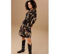 Jerseykleid ANISTON SELECTED, Damen, Gr. 44, N-Gr, schwarz (schwarz, braun, sanftes weiß, ocker, helltaupe), Single Jersey, Obermaterial: 95% Viskose, 5% Elasthan, bedruckt, figurbetont kniefrei, V-Au