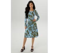 Jerseykleid ANISTON SELECTED, Damen, Gr. 48, N-Gr, grün (oliv hellblau), Single Jersey, Obermaterial: 95% Viskose, 5% Elasthan, bedruckt, geblümt, figurbetont knieumspielend, Rundhals, Kleider Jerseyk