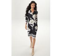 Jerseykleid ANISTON SELECTED, Damen, Gr. 48, N-Gr, schwarz (schwarz, beige, camel), Jersey, Obermaterial: 95% Polyester, 5% Elasthan, geblümt, gemustert, figurumspielend kniefrei, V-Ausschnitt, Kleide