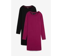 Jerseykleid BONPRIX "Figurbetontes Jerseykleid (2er Pack)", Damen, Gr. 44/46 (L), N-Gr, lila (beere, schwarz), Jersey, Obermaterial: 95% Baumwolle, 5% Elasthan, unifarben, slim fit kniefrei, Rundhals,