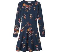 Jerseykleid BONPRIX, Mädchen, Gr. 140/146, N-Gr, blau (dunkelblau geblümt), Obermaterial: 100% Baumwolle, regular fit, Kleider Jerseykleid, für Alltag, aus Baumwolle, Regular Fit, mit schwingendem Roc