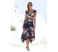 Jerseykleid BEACHTIME "mit asymmetrischem Zipfelsaum und Schleife in der Taille, elegant", Damen, Gr. 48, N-Gr, marine, bedruckt, Jersey, Obermaterial: 95% Viskose, 5% Elasthan, bedruckt, geblümt, fig