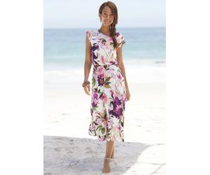 Jerseykleid BEACHTIME BY LASCANA "mit Blumendruck und Gummizug aus Viskosejersey, elegantes Midikleid", Damen, Gr. 34, N-Gr, weiß (weiß bedruckt), Jersey, Obermaterial: 100% Viskose, bedruckt, figurum