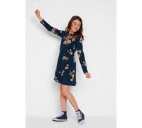 Jerseykleid BONPRIX, Mädchen, Gr. 128/134, N-Gr, blau (dunkelblau geblümt), Obermaterial: 100% Baumwolle, regular fit, Kleider Jerseykleid, für Alltag, aus Baumwolle, Regular Fit, mit schwingendem Roc