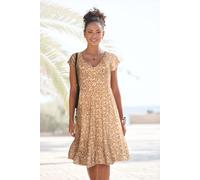 Jerseykleid BUFFALO "mit Blümchenprint und V-Ausschnitt", Damen, Gr. 38, N-Gr, beige (braun, creme, bedruckt), Single Jersey, Obermaterial: 100% Viskose, bedruckt, geblümt, figurumspielend ca. Mitte O