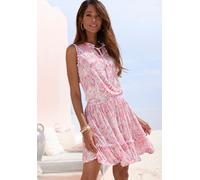 Jerseykleid BUFFALO "mit Ethnodruck, Smockbündchen und Rüschendetails", Damen, Gr. 36, N-Gr, creme, pink bedruckt, Jersey, Obermaterial: 100% Viskose, bedruckt, ethno, figurumspielend ca. Mitte Obersc