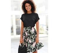 Jerseykleid BUFFALO "mit Rüsche in der Taille und bedrucktem Rock", Damen, Gr. 46, N-Gr, bunt (schwarz, rosa, bedruckt), Jersey, Obermaterial: 100% Viskose, bedruckt, unifarben, figurumspielend kniefr