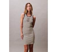Jerseykleid CALVIN KLEIN JEANS "COTTON RIB STRIPE SL DRESS", Damen, Gr. XXL (46), N-Gr, sweet corn, Jersey, Obermaterial: 93% Baumwolle, 7% Elasthan, gemustert, gestreift, mehrfarbig, figurbetont kurz