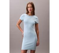 Jerseykleid CALVIN KLEIN JEANS "SS CTN CNTR 1X1 RB S", Damen, Gr. XS (36), N-Gr, blau (cool blau), Jersey, Obermaterial: 93% Baumwolle, 7% Elasthan, unifarben, figurbetont kurz, Rundhals, abgesteppte
