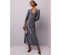 Jerseykleid CREATION L "Jersey-Kleid", Damen, Gr. 44, Normalgrößen, grau (silberfarben, marine), Jersey, 52% Polyamid, 42% metallisierte Fasern, 6% Elasthan, unifarben, lang, V-Ausschnitt, Kleider Jer