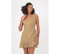 Jerseykleid FRESHLIONS "Mailinda", Damen, Gr. S, EURO-Größen, ohne Ärmel, braun, 100% Leinen, unifarben, kurz, V-Ausschnitt, Kleider Jerseykleid, im eleganten Wickel-Design (62821244-S) braun