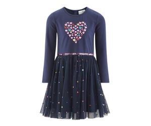 Jerseykleid HAPPY GIRLS, Mädchen, Gr. 92, N-Gr, blau (navy), Jersey, Obermaterial: 95% Baumwolle, 5% Elasthan. Obermaterial 2: 100% Polyester. Futter: 100% Polyester, bedruckt, regular fit knielang, R