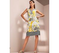 Jerseykleid HEINE "Jersey-Kleid", Damen, Gr. 38, Normalgrößen, gelb (sonnengelb, schwarz, bedruckt), Jersey, 95% Viskose, 5% Elasthan, bedruckt, gemustert, mehrfarbig, kurz, Rundhals, Kleider Jerseykl