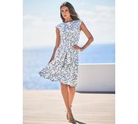 Jerseykleid HEINE "Jersey-Kleid", Damen, Gr. 48, Normalgrößen, blau (ecru, eisblau, bedruckt), 70% Viskose, 25% Polyamid, 5% Elasthan, bedruckt, geblümt, gemustert, mehrfarbig, knielang, Rundhals, Kle