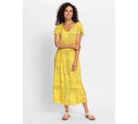 Jerseykleid INSPIRATIONEN "Jersey-Kleid", Damen, Gr. 44, Normalgrößen, gelb (sonnengelb, champagner, bedruckt), Jersey, 95% Viskose, 5% Elasthan, bedruckt, geblümt, gemustert, mehrfarbig, wadenlang, V