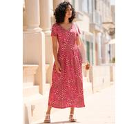 Jerseykleid INSPIRATIONEN "Jersey-Kleid", Damen, Gr. 46, Normalgrößen, rot (erdbeere, champagner, bedruckt), Jersey, 95% Viskose, 5% Elasthan, bedruckt, geblümt, gemustert, mehrfarbig, wadenlang, V-Au