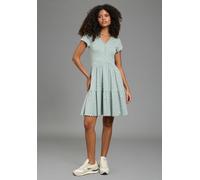 Jerseykleid KANGAROOS, Damen, Gr. 36/38, N-Gr, grün (blaugrau), Rippware, Obermaterial: 100% Baumwolle, geblümt, figurbetont kniefrei, V-Ausschnitt, Rollkante, Kleider Jerseykleid, mit Volants, für Ca