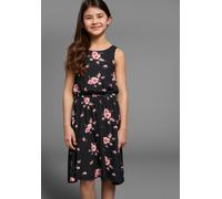 Jerseykleid KIDSWORLD "für Mädchen", Mädchen, Gr. 152/158, N-Gr, schwarz (schwarz, geblümt, bedruckt), Jersey, Obermaterial: 95% Viskose, 5% Elasthan, geblümt, mehrfarbig, weit kniefrei, Rundhals, Kle