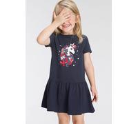 Jerseykleid KIDSWORLD "mit Einhorn", Mädchen, Gr. 116/122, N-Gr, blau (marine), Jersey, Obermaterial: 95% Baumwolle, 5% Elasthan, bedruckt, ausgestellt kniefrei, Rundhals, abgesteppte Kante, Kleider J