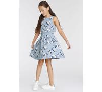 Jerseykleid KIDSWORLD "- Skaterkleid", Mädchen, Gr. 128/134, N-Gr, blau (hellblau geblümt), Jersey, Obermaterial: 95% Baumwolle, 5% Elasthan, gemustert, mehrfarbig, ausgestellt kniefrei, Rundhals, Kle