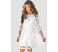 Jerseykleid KIDSWORLD "- Spitzenkleid", Mädchen, Gr. 152/158, N-Gr, beige (natur), Spitze, Obermaterial: 95% Polyester, 5% Elasthan. Futter: 95% Baumwolle, 5% Elasthan, unifarben, ausgestellt knieumsp