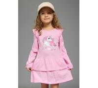 Jerseykleid KIDSWORLD "Süßes Shirtkleide mit Einhorn-Druck", Mädchen, Gr. 140/146, N-Gr, rosa (pink), Single Jersey, Obermaterial: 100% Baumwolle, bedruckt, ausgestellt, Rundhals, mit Gummizug, Kleide