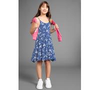 Jerseykleid KIDSWORLD "Trägerkleid, sommerlich mit verstellbaren Trägern", Mädchen, Gr. 152/158, N-Gr, blau (blau geblümt), Jersey, Obermaterial: 95% Viskose, 5% Elasthan, bedruckt, geblümt, figurumsp