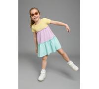 Jerseykleid KIDSWORLD "- Volantkleid für kleine Mädchen", Mädchen, Gr. 128/134, N-Gr, gelb, flieder, türkis, Single Jersey, Obermaterial: 100% Baumwolle, colorblocking, ausgestellt kniefrei, Rundhals,