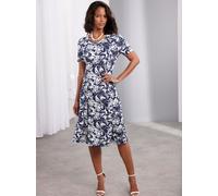 Jerseykleid LADY "Jersey-Kleid", Damen, Gr. 50, Normalgrößen, blau (marine, ecru, bedruckt), Jersey, 95% Viskose, 5% Elasthan, geblümt, gemustert, mehrfarbig, wadenlang, eckiger Ausschnitt, Kleider Je