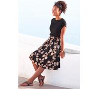 Jerseykleid LASCANA, Damen, Gr. 44, N-Gr, bunt (schwarz, orange, bedruckt), Jersey, Obermaterial: 100% Viskose, bedruckt, geblümt, figurbetont kniefrei, Rundhals, Aufschlag, Kleider Jerseykleid, mit b