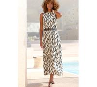 Jerseykleid LASCANA, Damen, Gr. 46, N-Gr, beige (creme, khaki bedruckt), Jersey, Obermaterial: 100% Viskose, bedruckt, figurumspielend knöchelfrei, hoch geschlossener Ausschnitt, Kleider Jerseykleid,