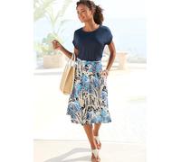 Jerseykleid LASCANA, Damen, Gr. 46, N-Gr, blau (blau, creme, sand bedruckt), Jersey, Obermaterial: 100% Viskose, bedruckt, figurbetont kniefrei, Rundhals, Aufschlag, Kleider Jerseykleid, mit Paperbag-