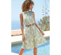 Jerseykleid LASCANA, Damen, Gr. 46, N-Gr, türkis, beige bedruckt, Jersey, Obermaterial: 100% Viskose, bedruckt, figurumspielend knieumspielend, hoch geschlossener Ausschnitt, Kleider Jerseykleid, mit