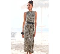 Jerseykleid LASCANA "mit Alloverdruck und Gummizug in der Taille", Damen, Gr. 38, N-Gr, schwarz-weiß (schwarz, beige, bedruckt), Jersey, Obermaterial: 100% Viskose, bedruckt, figurumspielend knöchelfr