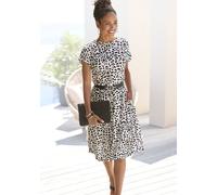 Jerseykleid LASCANA "mit Animalprint", Damen, Gr. 44, N-Gr, beige (creme, schwarz bedruckt), Jersey, Obermaterial: 100% Viskose, bedruckt, figurumspielend ca. Mitte Oberschenkel, Rundhals, Kleider Jer