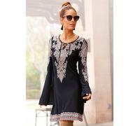 Jerseykleid LASCANA "mit Bordürendruck und Schnürung am Ausschnitt", Damen, Gr. 42, N-Gr, schwarz (schwarz, bedruckt), Jersey, Obermaterial: 100% Viskose, bedruckt, figurumspielend ca. Mitte Oberschen