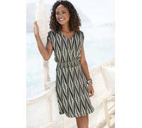 Jerseykleid LASCANA, Damen, Gr. 38, N-Gr, schwarz (schwarz, sand bedruckt), Jersey, Obermaterial: 100% Viskose, bedruckt, modisch, figurumspielend kniefrei, Rundhals, Kurzarm, Kleider, mit breitem Smo