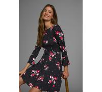 Jerseykleid LAURA SCOTT, Damen, Gr. 36, N-Gr, schwarz (schwarz, gemustert), Jersey, Obermaterial: 95% Viskose, 5% Elasthan, geblümt, figurbetont kniefrei, U-Boot-Ausschnitt, Volant, Kleider Jerseyklei