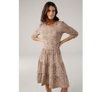 Jerseykleid LAURA SCOTT, Damen, Gr. 42, N-Gr, grau (taupe, geblümt), Single Jersey, Obermaterial: 95% Viskose, 5% Elasthan, geblümt, tailliert kurz, Rundhals, mit innenliegendem Gummizug, Kleider Jers