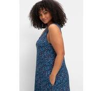 Jerseykleid SHEEGO "Jerseykleid", Damen, Gr. 52, Normalgrößen, blau (marine, gemustert), Jersey, 95% Viskose, 5% Elasthan, bedruckt, geblümt, gemustert, mehrfarbig, wadenlang, V-Ausschnitt, Kleider Je
