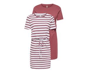 Jerseykleid ONLY CARMAKOMA "CARHAPPY LIFE S/S DRESS 2-PACK JRS ZL", Damen, Gr. L, N-Gr, rosa (apple butter pack:cloud dancer stripes (apple butter)), Jersey, Obermaterial: 100% Baumwolle, gestreift, u