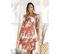 Jerseykleid S.OLIVER, Damen, Gr. 42, N-Gr, orange (koralle, bedruckt), Jersey, Obermaterial: 100% Viskose, figurumspielend knielang, Rundhals, Kleider Jerseykleid, mit Blumenprint und Volantrock, 3/4-