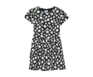 Jerseykleid S.OLIVER JUNIOR, Mädchen, Gr. 122, N-Gr, navy, Jersey, Obermaterial: 95% Baumwolle, 5% Elasthan, gemustert, bequem kniefrei, Puffärmel, Kleider Jerseykleid, Stufenkleid mit All-over-Print