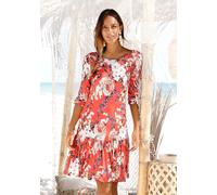 Jerseykleid S.OLIVER "mit Blumenprint und Volantrock, Druckkleid mit 3/4-Ärmeln", Damen, Gr. 44, N-Gr, orange (koralle, bedruckt), Jersey, Obermaterial: 100% Viskose, bedruckt, geblümt, figurumspielen