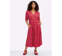 Jerseykleid SHEEGO BY JOE BROWNS "Jersey-Kleid", Damen, Gr. 52, Normalgrößen, erdbeere, weiß, gemustert, Jersey, 92% Polyester, 8% Elasthan, gemustert, gepunktet, wadenlang, V-Ausschnitt, Kleider Jers