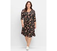 Jerseykleid mit Blumendruck und ausgestelltem Rock, schwarz gemustert, Gr.48