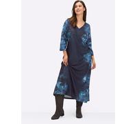 Jerseykleid SHEEGO "Jersey-Kleid", Damen, Gr. 40, Normalgrößen, tiefblau, bedruckt, Piqué, 95% Polyester, 5% Elasthan, bedruckt, geblümt, gemustert, mehrfarbig, lang, V-Ausschnitt, Kleider Jerseykleid