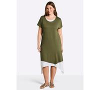 Jerseykleid SHEEGO "Jersey-Kleid", Damen, Gr. 48, Normalgrößen, grün (oliv, weiß), Jersey, 95% Viskose, 5% Elasthan, unifarben, wadenlang, Rundhals, Kleider Jerseykleid (88468232-48) oliv, weiß